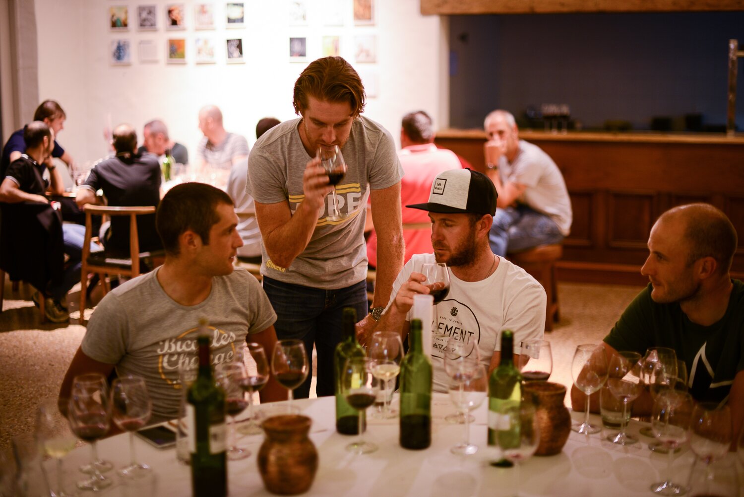 Thomson, Farrar, Goss and Cummings at the wine tasting evening