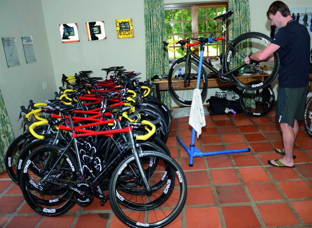 Head Mechanic Klas Johansson was busy assembling the bikes at our camp in Stellenbosch, SA.